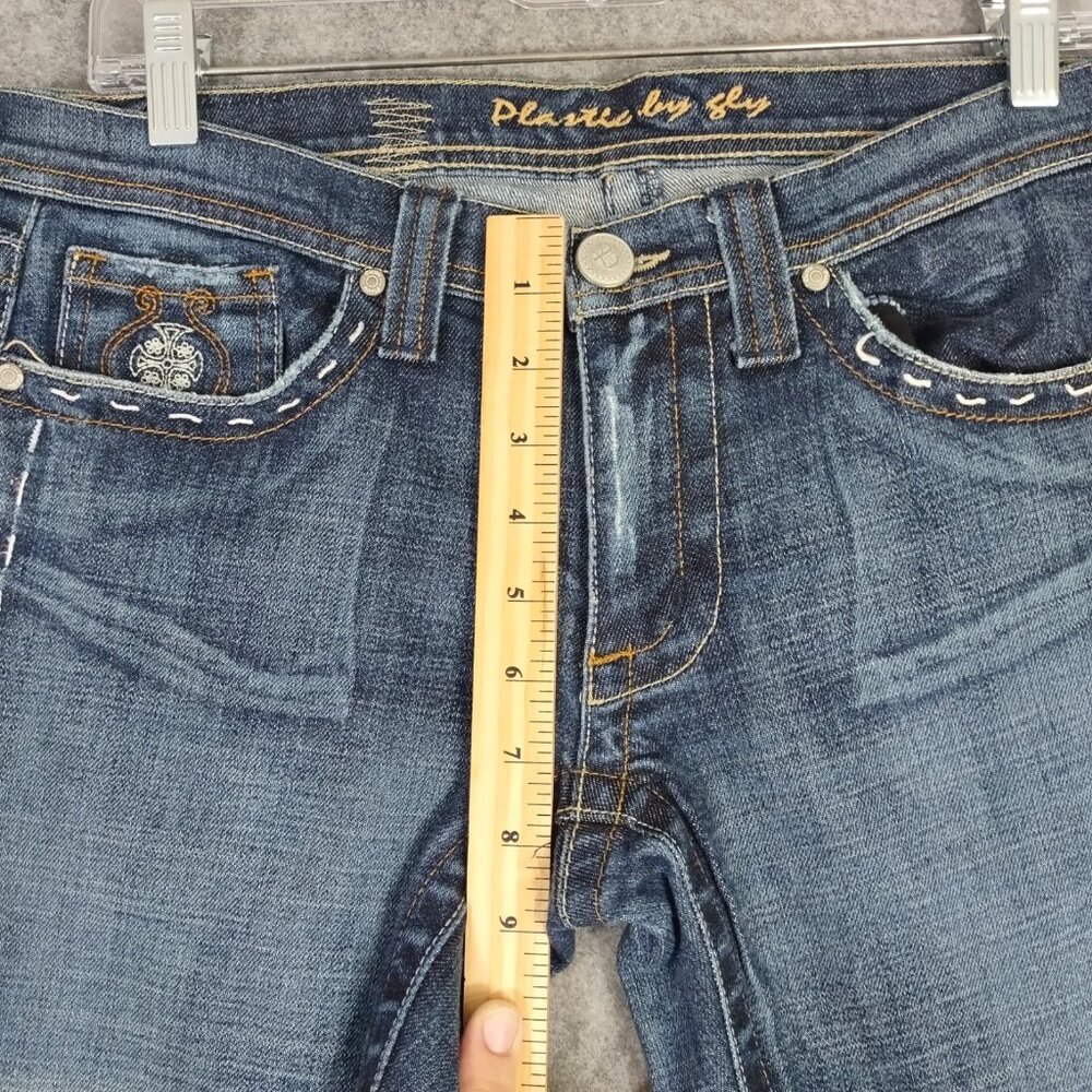 Plastic by GLY Jeans Womens Sz 11 Designer Embroidered Flare Low Rise Jeans Y2K - Picture 12 of 16